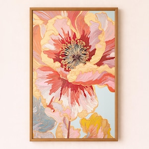 Red poppy art print with gold accents, Large floral poster printing digital painting, Modern botanical statement wall art designer prints