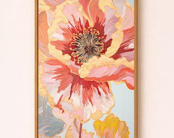 Red poppy art print with gold accents, Large floral poster printing digital painting, Modern botanical statement wall art designer prints