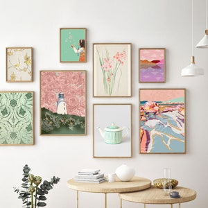 Vintage gallery wall prints set 8 downloadable art - Boho artwork bundle eight collection - Mint green pink living room antique pictures