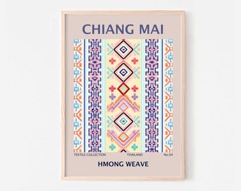 Chiang Mai art Hmong design exhibition poster, Thailand cultural fabric ethnic artwork, South East Asian decor, Boho style printable art