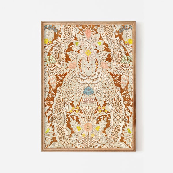 French bohemian terracotta cream downloadable artwork - Vintage art print boho textile wall print - Antique floral gypsy feather wall art