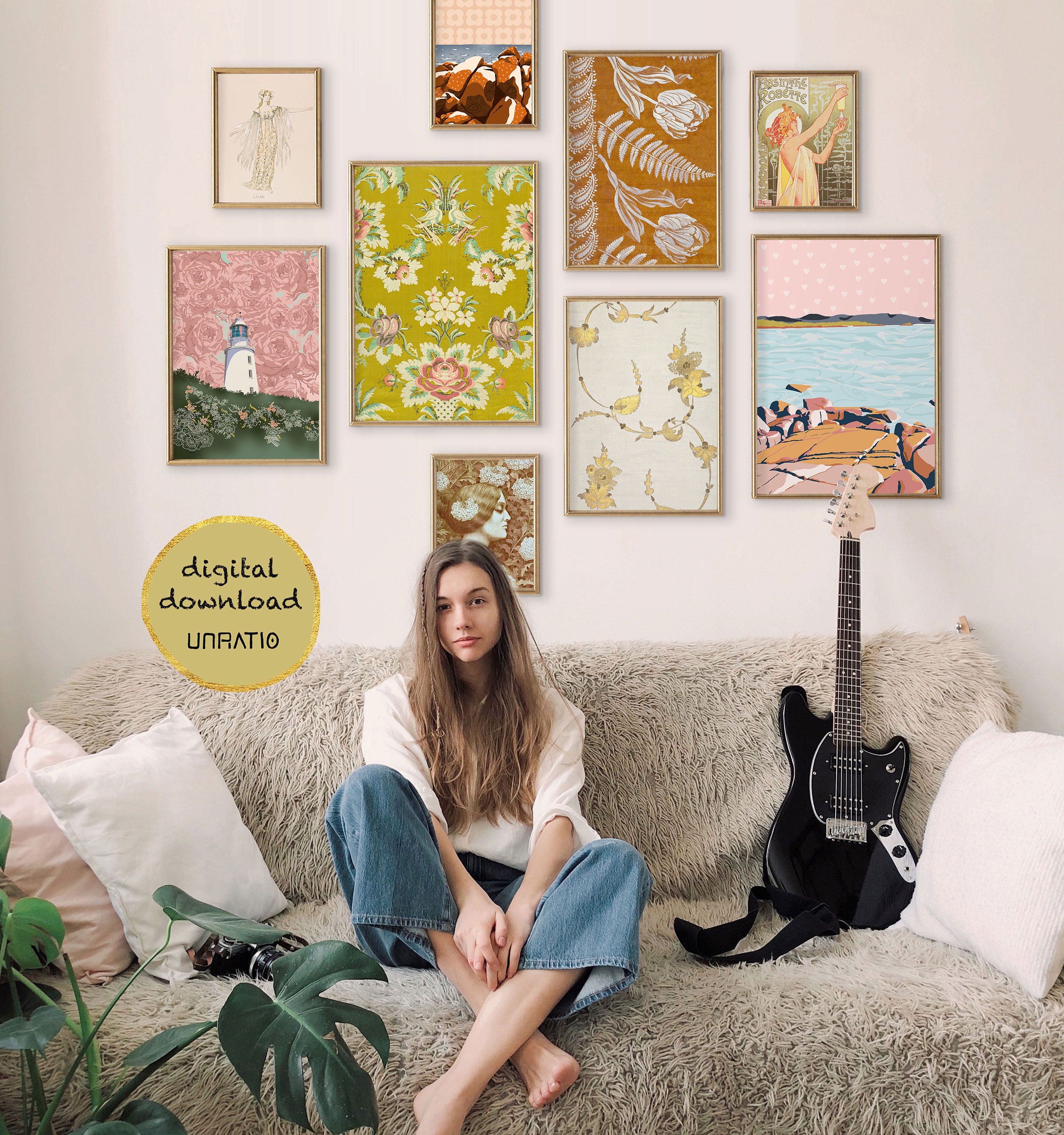 Pink orange yellow boho gallery wall prints set of 9 | Etsy