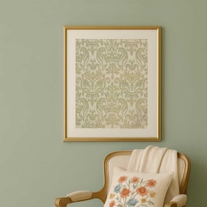 Pale green Vintage French textile print, Digital Download, Muted tones European wall art