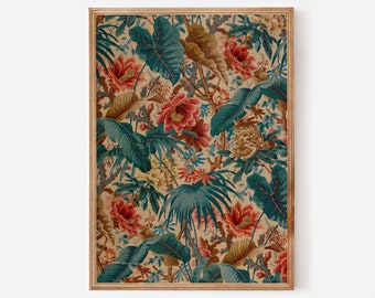 Floral botanical wall art downloadable print - Vintage textile artwork,  tropical boho art print with red flowers and teal leaves