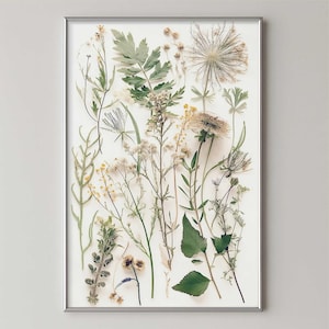 ダウンロード可能な押し花のウォールアート、ドライフラワーのプリント、グリーンの植物アート、植物標本プリントの葉っぱのポスター、カントリーキッチンの装飾