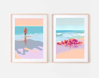 Set of two beach prints in light pastel colours, Downloadable ocean graphic posters by Australian artist