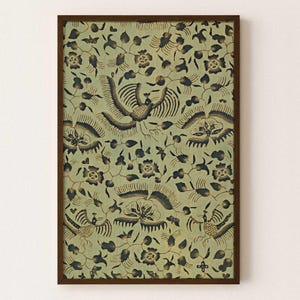 Ave mítica Fénix – Impresión textil batik indonesia para pared – Salvia y marrón oscuro