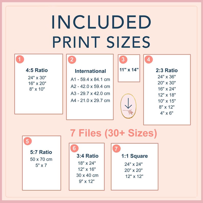 Printable wall art size guide with all included ratios: 4:5, 2:3, 3:4, 5:7, 1:1, A-series and 11×14, covering 30+ standard print sizes.