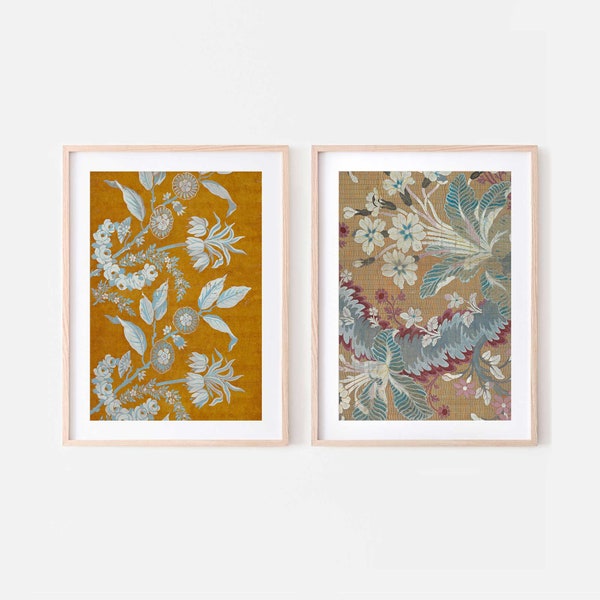 Set of 2  Antique botanical printable flower paintings - Tan ochre french blue vintage wall art downloadable prints - Bohemian floral decor