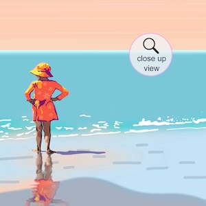 Colourful summer artwork downloadable, Retro beach print seaside picture, Kids nautical decor girl illustration, Pastel ocean wall art funky zdjęcie 4
