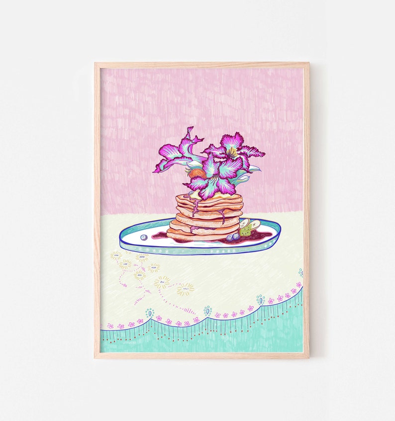 Pastel pink pancakes illustration printable, Tropical breakfast prints, Flowers and food still life pencil drawing, Cottagecore kitchen art image 1