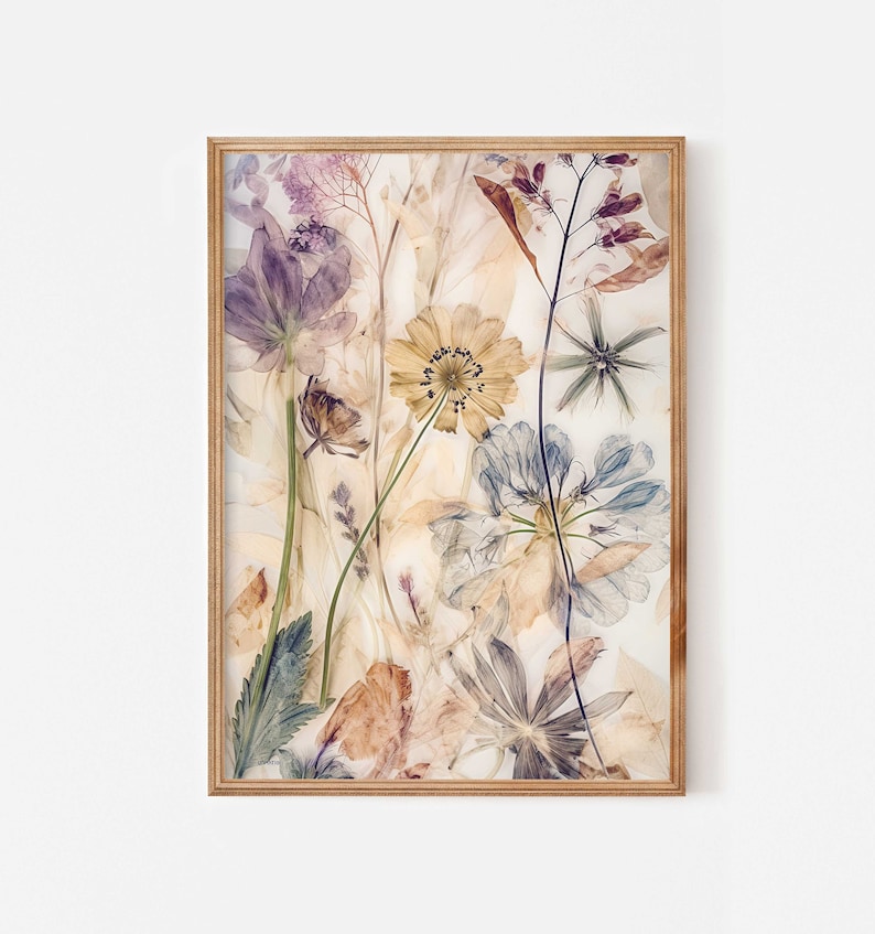 Wildflower botanical prints set of two, Dried pressed flowers printable wall art, Organic wall decor, Modern floral art in muted colours image 3