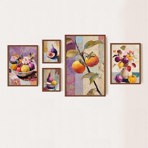 May include: A set of five framed art prints featuring still life paintings of fruit and flowers. The artwork includes images of figs, pears, persimmons, and a bowl of mixed fruit, all in a colorful, painterly style.