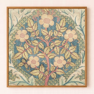 Embroidered Tree Of Life - Antique French Floral Textile Wall Art Print - Teal, Sage & Pink