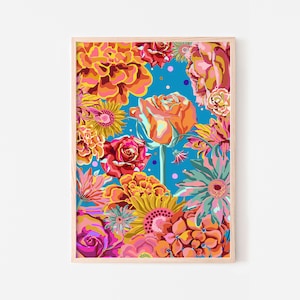 Bright flowers downloadable print modern | Colorful wall art prints boho floral | Pink orange blue bold graphic poster large printable 24x36