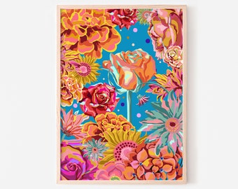 Bright flowers downloadable print modern | Colorful wall art prints boho floral | Pink orange blue bold graphic poster large printable 24x36