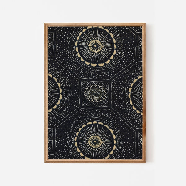 Japanese katazome black cream vintage wall art downloadable, printable textile art print with a dark indigo tribal pattern