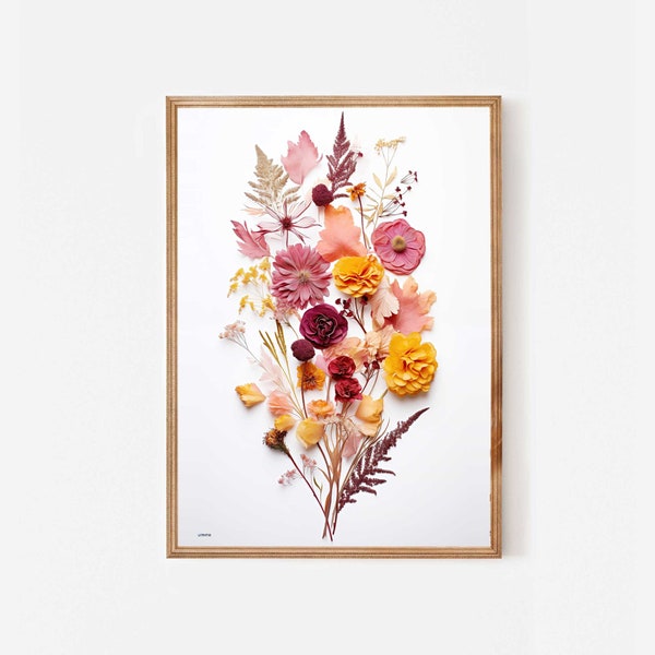 Dried flowers pressed flowers art, Dry wildflowers bouquet print, Printable floral artwork pink mustard, Downloadable botanical wall art