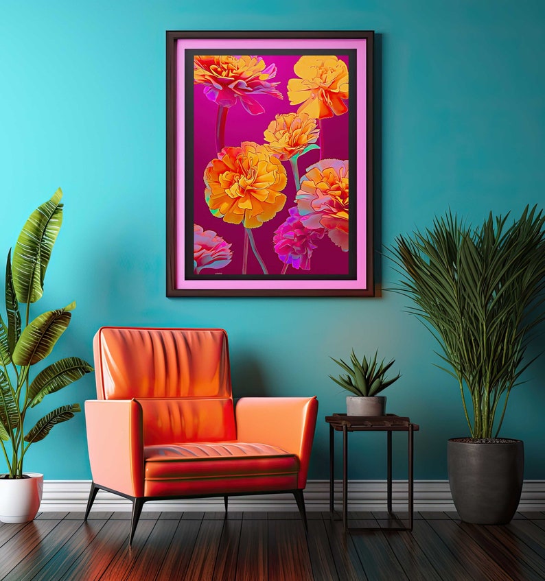 Peut inclure: Une impression encadr&eacute;e d'un arrangement floral avec des fleurs orange et jaunes vives avec des accents roses sur un fond magenta. L'impression est affich&eacute;e sur un mur turquoise au-dessus d'un fauteuil orange vif.
