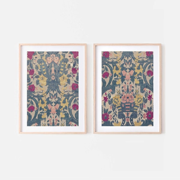 Set of 2 vintage velvet woven tapestry prints, Downloadable art, Antique Italian fabric artwork floral pattern