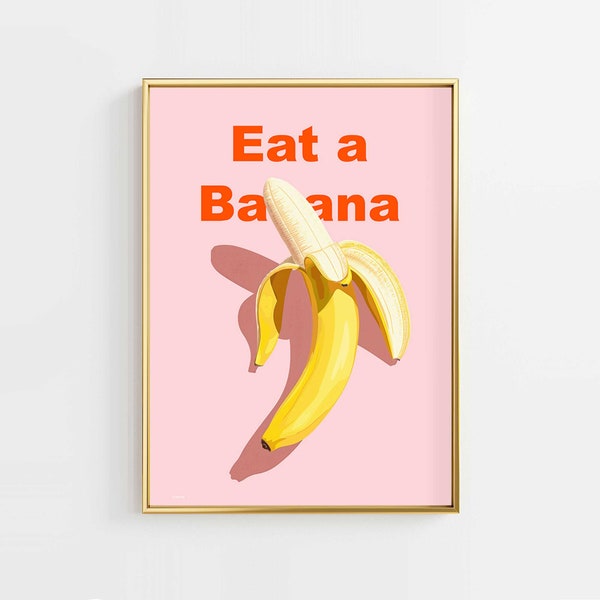 Banana art fruit illustration printable, Bright food artwork pop art print, Vegan wall art typography poster, Healthy eating kitchen decor