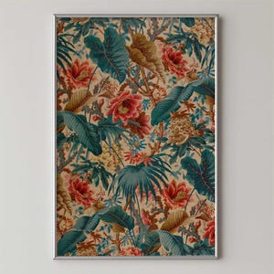 Downloadbare print bloemenbotanische muurkunst - Vintage textielkunstwerken, tropische bohokunstprint met rode bloemen en groenblauwe bladeren