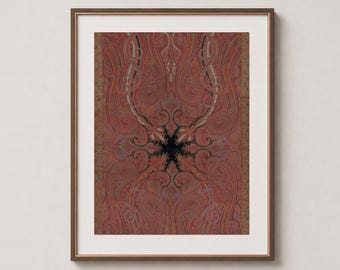 May include: A framed wall art print featuring a symmetrical, intricate paisley pattern in shades of terracotta, rust, and muted gold. The design centres on a dark, star-shaped black focal point, surrounded by flowing, curved lines and ornate motifs.