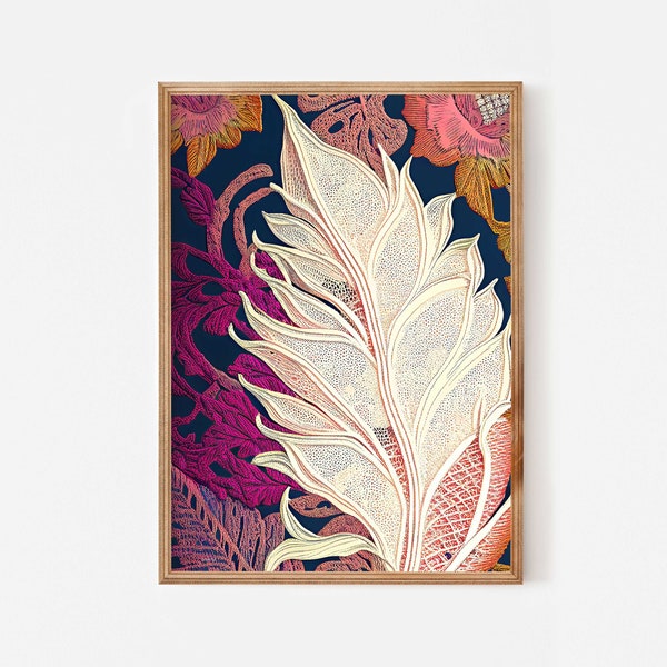 Botanical tapestry bohemian wall art, Nature inspired abstract leaf art in dark blue pink orange and cream, Exotic boho floral artwork