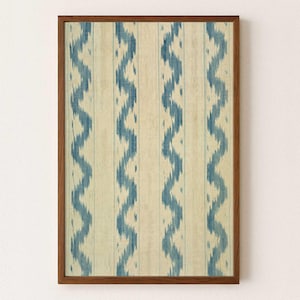 Wave Zigzag Stripes – Ikat Textile Wall Art Print – Slate Blue & Raw Cotton