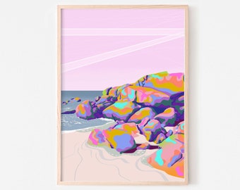 Pink purple abstract coastal landscape drawing, Printable beach wall art in retro pastel colours