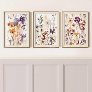 Pressed Flowers Wall Art Set of 3 - Printable Nature Wildflowers Prints - Dried Florals Poster Triptych - Modern Spring Countryside Decor