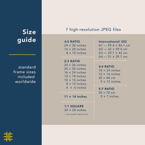 Printable wall art size guide showing 7 high-resolution JPEG files included in standard frame sizes for common frames worldwide, making it easy to print at home or through a local print shop.