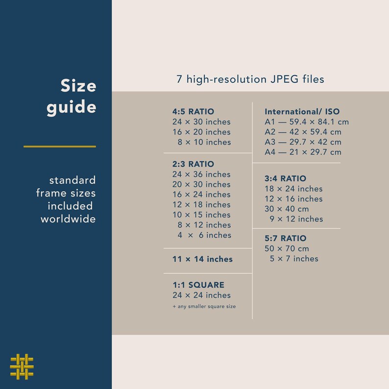 Printable wall art size guide showing 7 high-resolution JPEG files included in standard frame sizes for common frames worldwide, making it easy to print at home or through a local print shop.