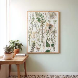 Pressed herbs wall art downloadable, Dried wildflowers print, Green botanical artwork, Herbarium print leaf poster, Country kitchen decor
