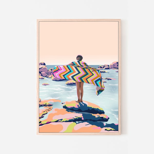 Colorful bright beach towel print, downloadable Australian coastal landscape, fun kids ocean wall art retro style poster