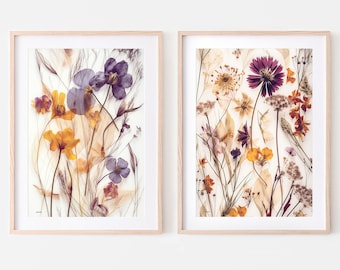 Pressed wildflowers set of two prints, Modern fall artwork, Australian artist nature wall art, Matching botanical posters burgundy marigold