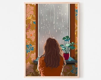 Plant lady artwork, Boho woman aesthetic decor,  Modern portrait illustration poster, Downloadable print, Raindrops bohemian wall art