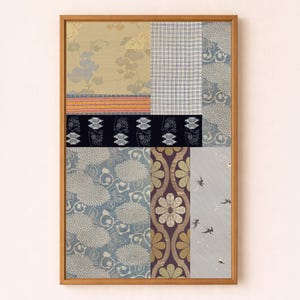 Patchwork de kimono Japandi - Lámina decorativa textil japonesa vintage para pared - Índigo y gris azulado apagado