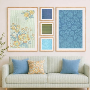 Juego de 5 láminas decorativas de pared en verde salvia y azul - Estampados textiles florales vintage