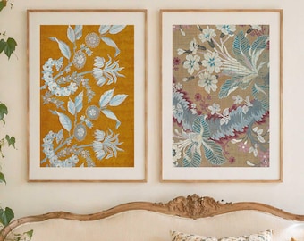 Flores francesas antiguas – Juego de 2 láminas textiles para pared – Ocre mostaza y azul empolvado