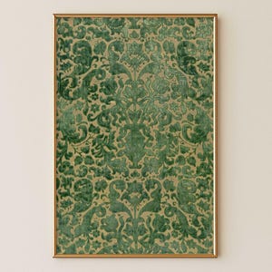 Groen tapijt Italiaans textielpatroon, afdrukbare renaissanceposter antiek fluweel, downloadbare klassieke kunst