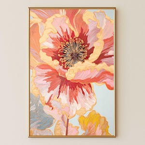 Impresión artística de amapola roja con detalles dorados, impresión de póster floral grande, pintura digital, impresiones de diseñador de arte mural con declaración botánica moderna