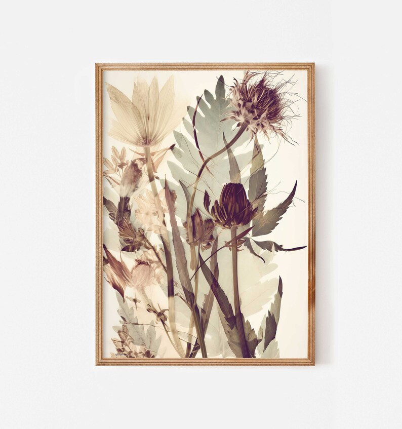 Wildflower botanical prints set of two, Dried pressed flowers printable wall art, Organic wall decor, Modern floral art in muted colours image 4