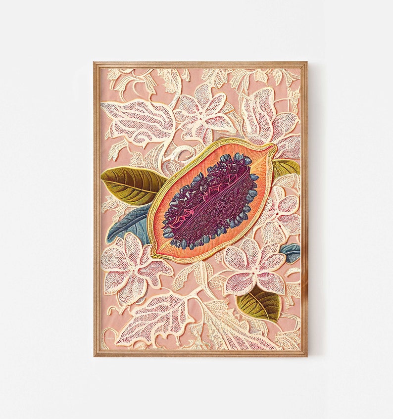 Abstract fruit art set of two prints, Downloadable fruit still life embroidered tapestry, Papaya rambutan kitchen art, Blush pink wall art image 4