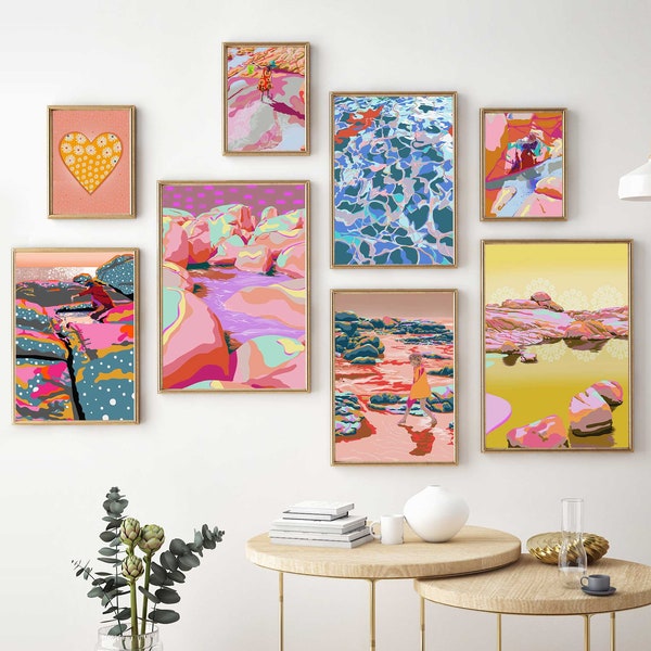 Set of 8 bright retro beach illustrations - Colourful gallery wall print set printable seascapes - Australia abstract coastal artwork bundle