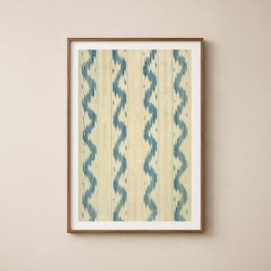 Estampado Ikat de rayas azules, arte mural textil español antiguo, patrón abstracto en crema índigo