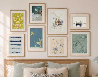 Vintage blau Galerie Wand-Set herunterladbar, Eclectic Wand Kunst Sammlung, Boho Wand druckt Bündel, gemischte antike Kunstwerk moderne Plakate