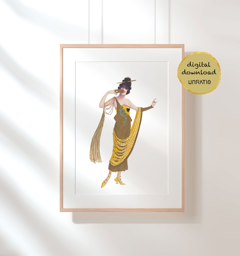 Mustard yellow vintage wall art downloadable Art deco fashion print 20s bathroom decor Flapper lady 1920s printable artwork gold picture