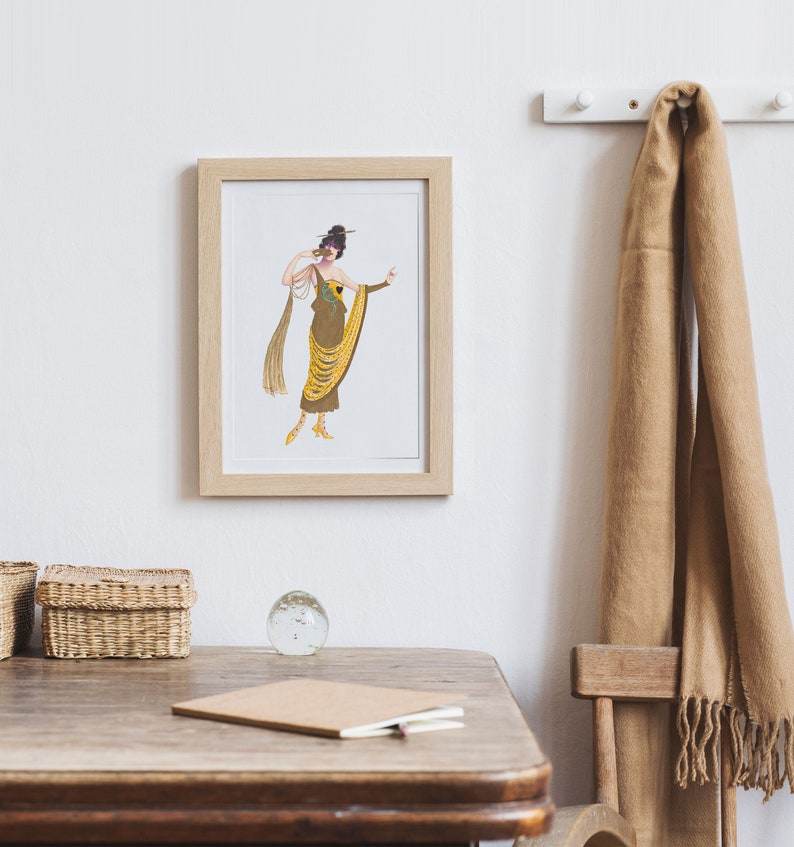 Mustard yellow vintage wall art downloadable Art deco fashion print 20s bathroom decor Flapper lady 1920s printable artwork gold picture