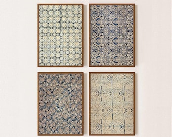 Set of 4 blue batik downloadable prints - Printable vintage textile art - Tribal posters fabric artwork bundle gallery wall set navy cream